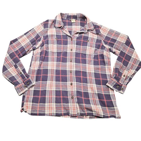 Duluth Trading Flannel Shirt Medium Plaid Pink Purple Blue Gorpcore Casual Fall - Picture 1 of 6